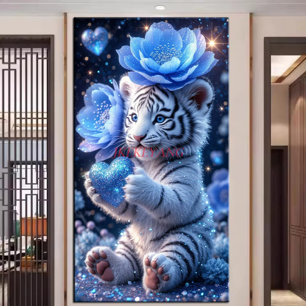 

100x200cm Cute Little Tiger Flowers 5D Large Diy Diamond Painting Kit Full Square Round Diamond Mosaic Art Embrodery Kits