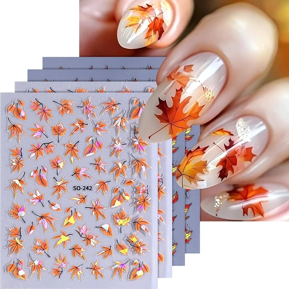 3D Autumn Maple Leaf Nail Art Stickers Yellow Brown Fall Leaf DIY Adhesive Nail Sliders Decals Thanksgiving Manicure Decor