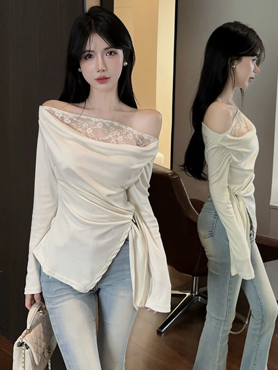 Sweet Sexy Long Sleeve T-Shirt Side Slit Tie Waist Slimming Pleated Slim Fit Overhead Pure Desire Style Women's Casual Top