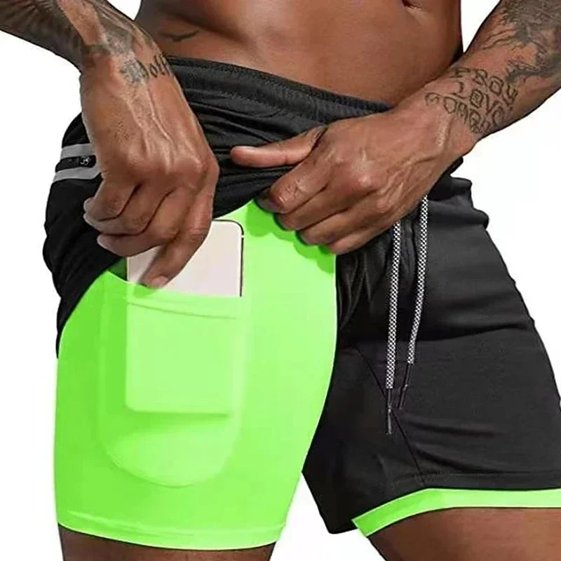 Men Fitness Built-in Pocket Sports Shorts Summer 2 in 1 Quick Dry Gym Beach Shorts Running Double-deck Shorts Mesh Sweatpants