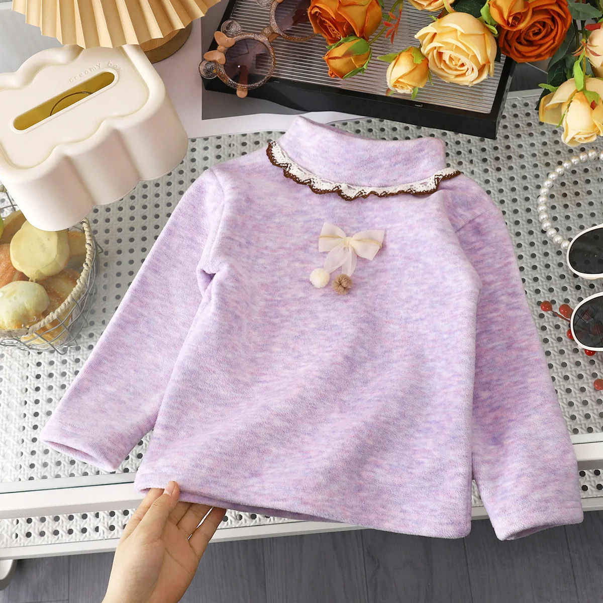 Bow Shirt Winter Girls Fleece-Lined Long-Sleeve Top Children's Half-High Neck Kid Thermal Shirt Baby Girls' Thickened Base Layer