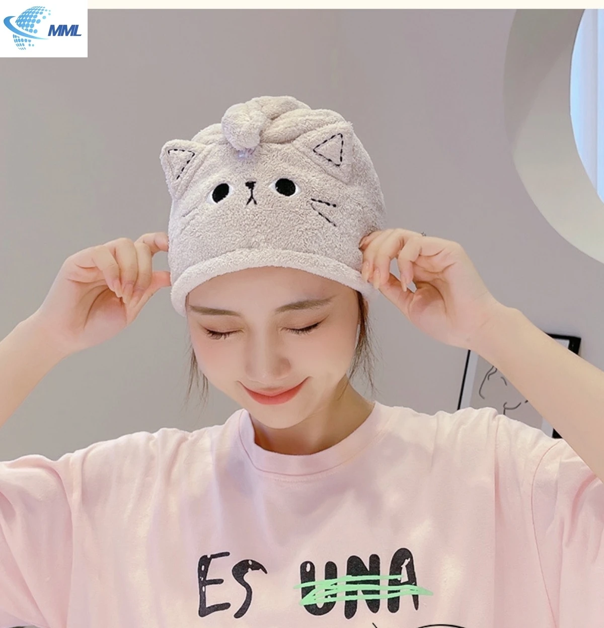 Women's Quick-Dry Absorbent Thickened Korean Cute Bear and Silly Cat Embroidered Shower Cap Towel