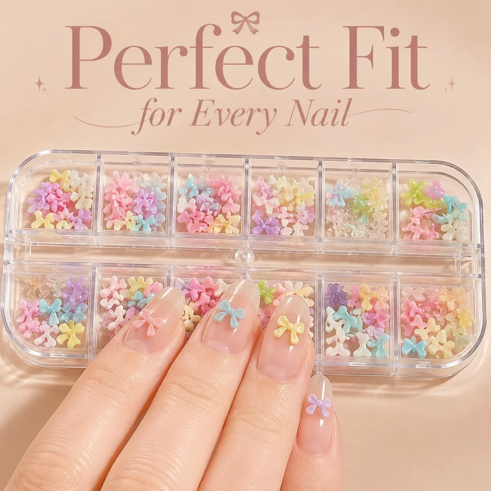 12Grids 3D Bowknot Nail Accessories Solid Clear Resin Mini Bow Charms Multi‑Color Mixed For DIY Manicure Nail Decoration