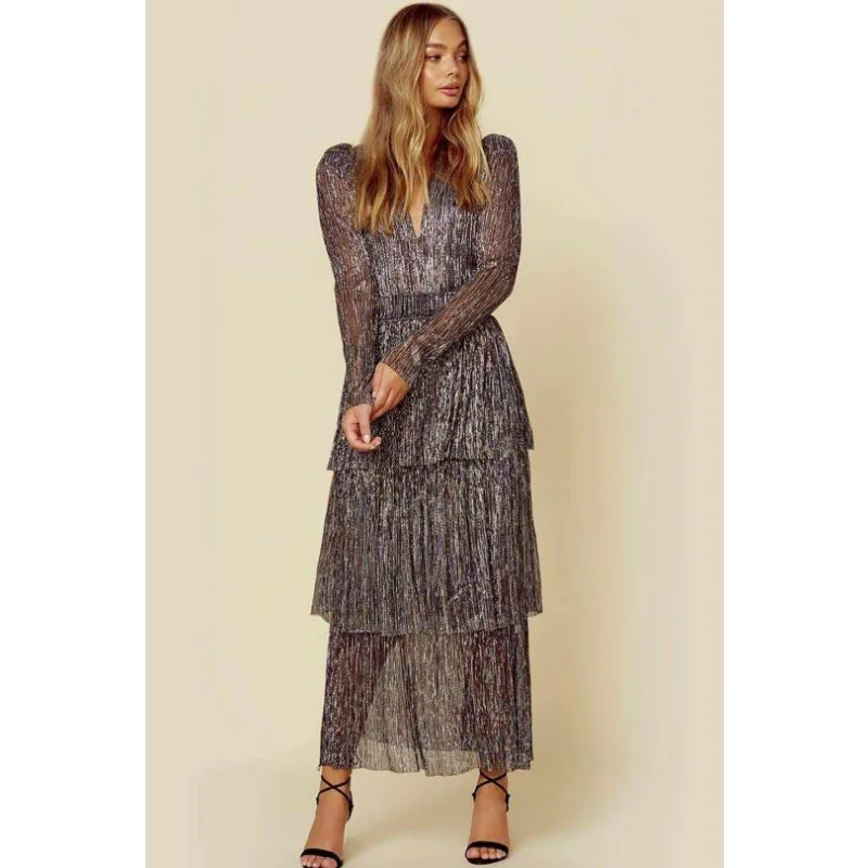 2023 Autumn Winter Dress Women Pleated Stitching High Waist Dress Women Puff Sleeve V-neck Irregular Evening Party Elegant Dress