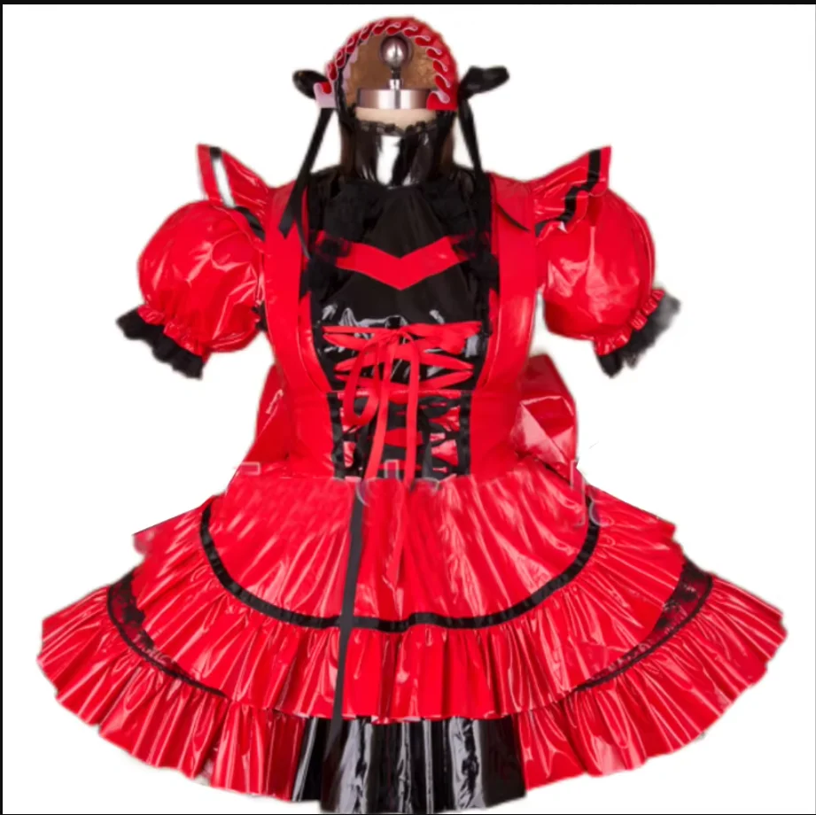 

Французское переодевание Сисси для взрослых, сексуальная девушка, длинное запираемое синее тонкое платье из ПВХ, фартук, одежда, униформа на заказ