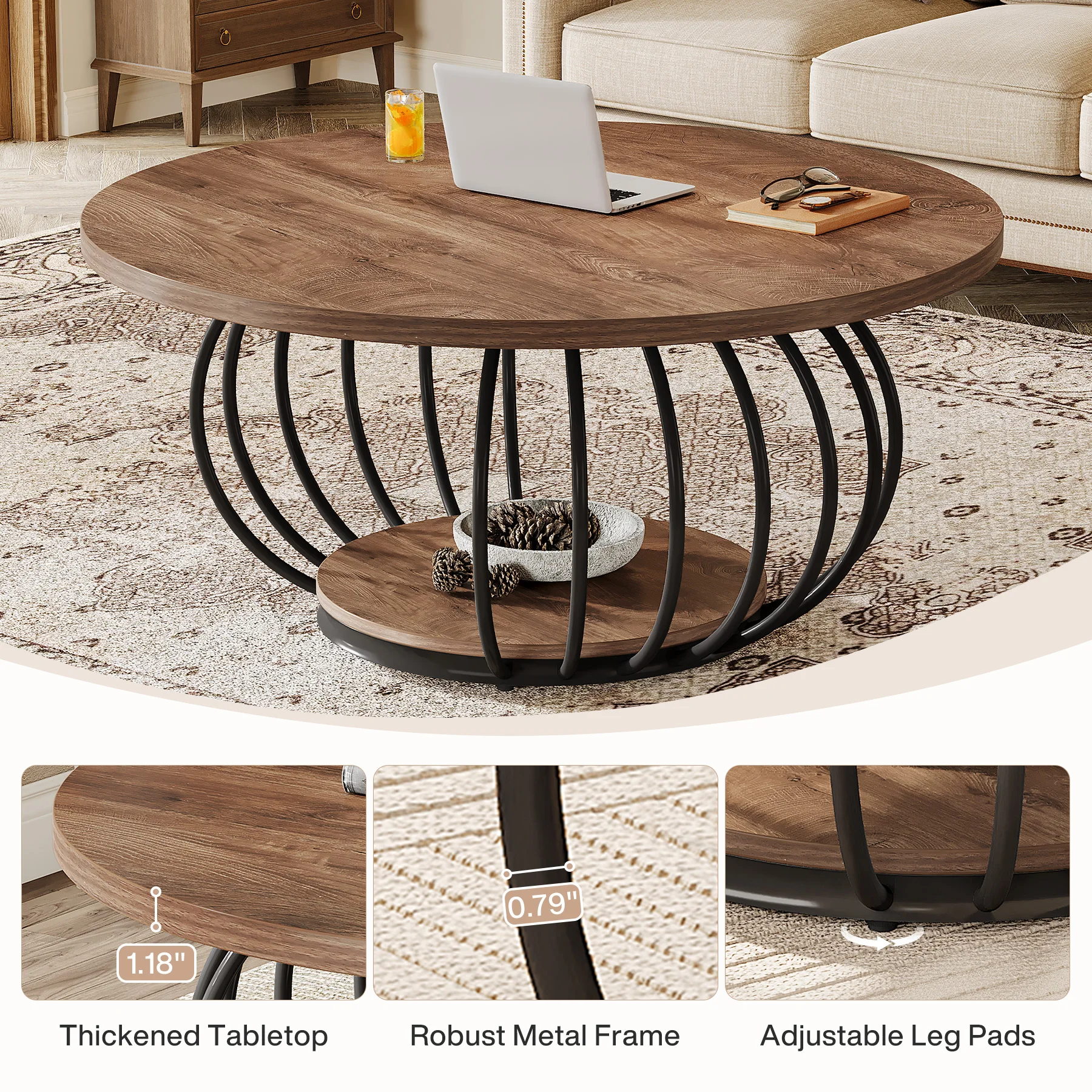 طاولة قهوة مستديرة من Tribesigns مع مساحة تخزين، إطار معدني من طبقتين، 100 × 100 × 46 سم، حبوب خشبية، طاولة مركزية لغرفة المعيشة الحديثة