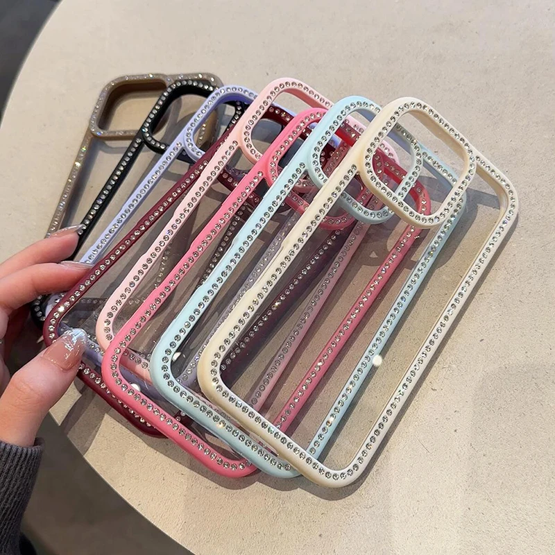 حافظة فاخرة مرصعة بالجواهر لهاتف آيفون إير 17 16 15 14 13 12 برو ماكس بلس فتاة موضة لون الحلوى غطاء صلب هجين شفاف ناعم