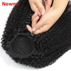 Newmi 10-26 Inch Kinky Curly Drawstring Ponytail Human Hair 12A Brazilian Virgin Hair Extensions Natural Black For Women