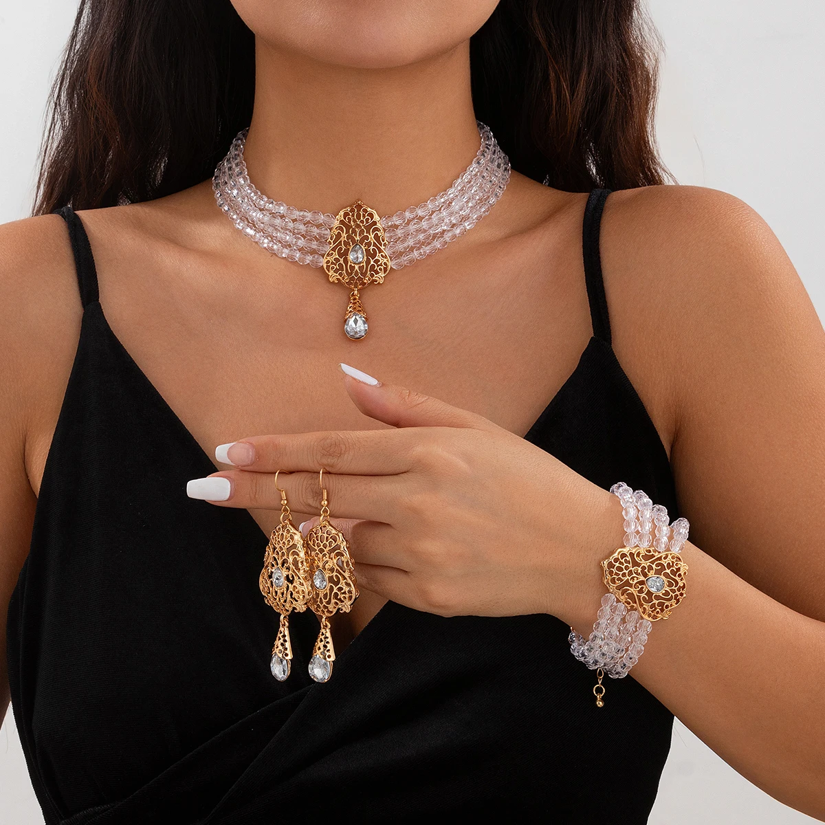 

Salircon 3Pcs/Set Multilayer Crystal Beads Chain Choker Necklace Bracelet Earrings Set for Women Elegant Party Wedding Jewelry