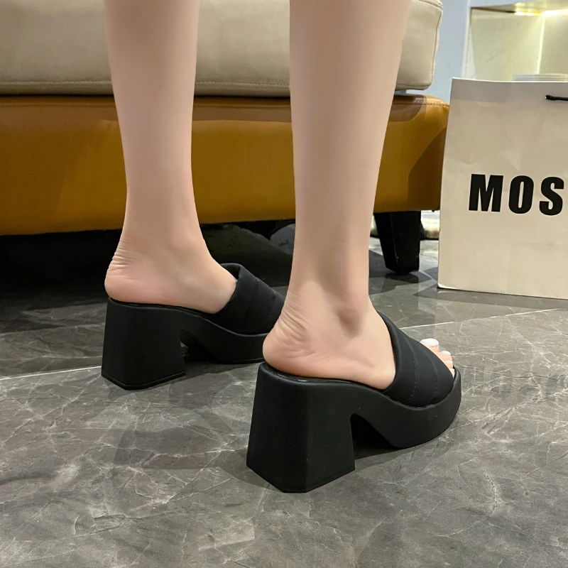 Sepatu hak tinggi Slip on wanita, Kasut kantor Formal sol tebal hak tinggi persegi untuk perempuan