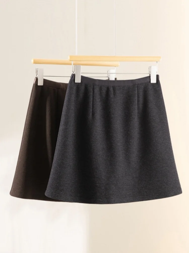 Birdtree,Cashmere Silk Blended Skirt For Women,Elastic Waist Warmth Short Skirts,With Lining,2025 Autumn New,Grey,CoffeeD5D116JF