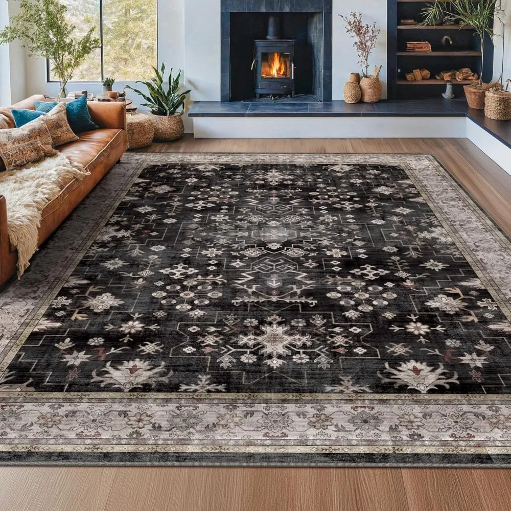 Boho Black Rug for Living Room - Washable 10x14 Area Rug, Dining Room Rugs for Under Table, Soft Low Pile Carpet for Bedroom