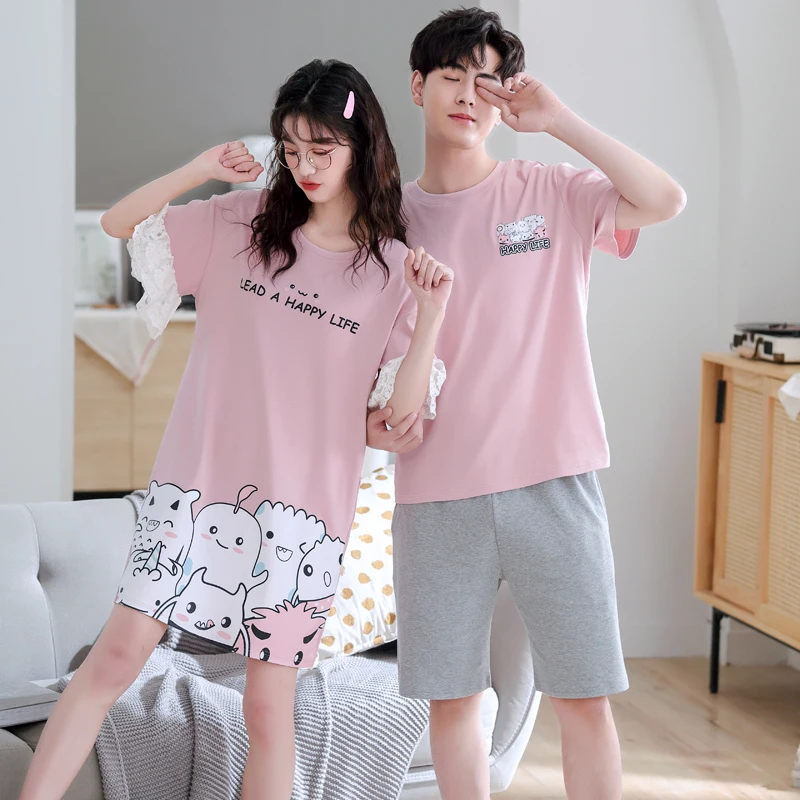 Newest Couple Pajama Set Summer 100% Cotton Pyjamas Men Short Sleeve Pijamas Women Nightgown Lovers Cute Cartoon Sleepwear