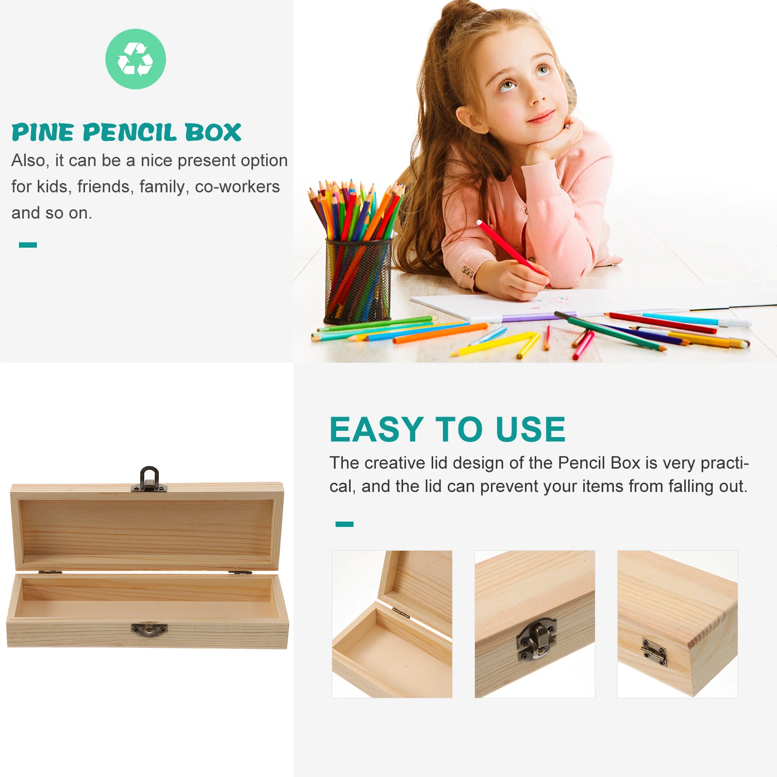 

Wooden Painting Mold Large Capacity Pencil Box Storage Case for Desk Stationery Kids School Supplies Durable Practical Lid