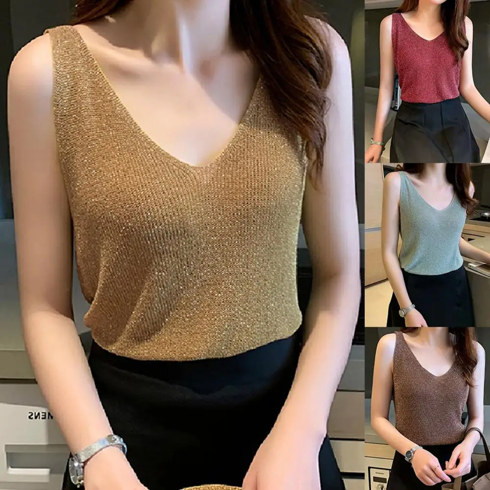 

Women Shining Tank Tops Knitted V Neck Summer Slim Fit Vest Tight Fit No Trace Tanks Camis Vest Casual Ladies Streetwear Tees