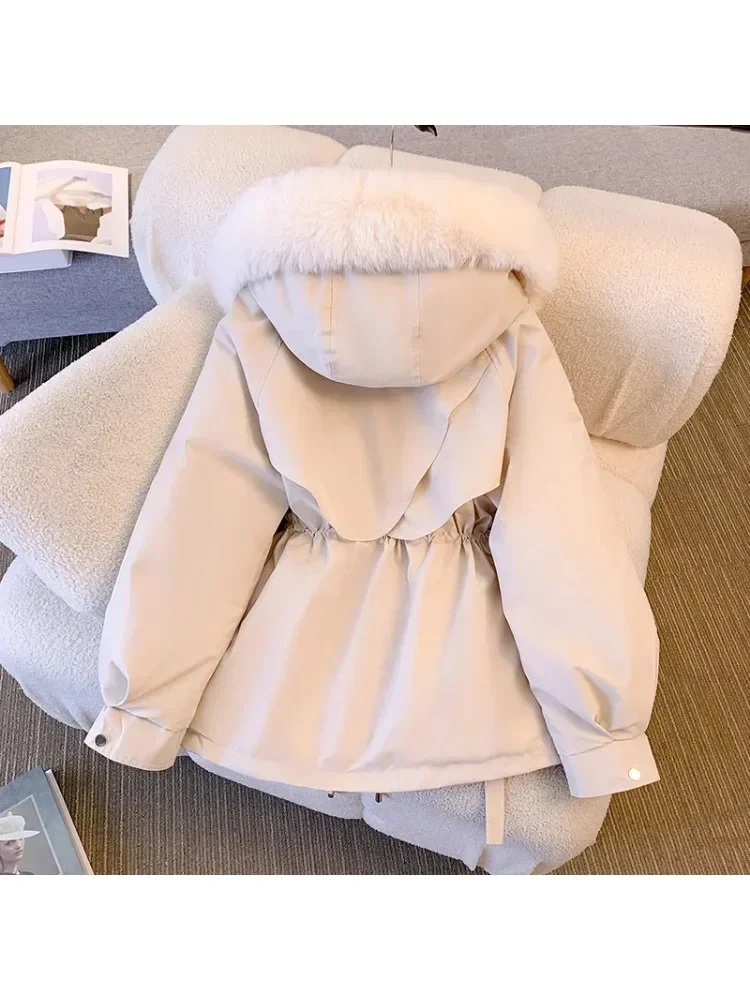 Damska kurtka puchowa z polarową podszewką, zimowy płaszcz z kapturem, ciepła parka z regulowanym ściągaczem, koreańska odzież codzienna streetwear, damska kurtka puchowa.