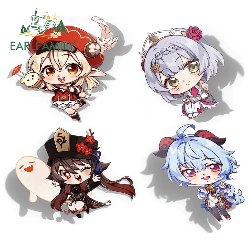 EARLFAMILY 13cm For Genshin Impact Chibi Waifus Ganyu Hutao Car Stickers Cartoon Waterproof Decals Sunscreen Car Accessories