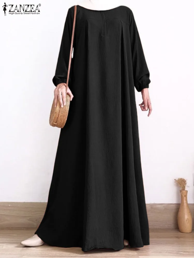 ZANZEA-Robe musulmane de Turquie à manches longues et col rond pour femmes, robe maxi, robe de soirée, robe d'été, document solide, mode de printemps, robe éducative Eid Mubarek