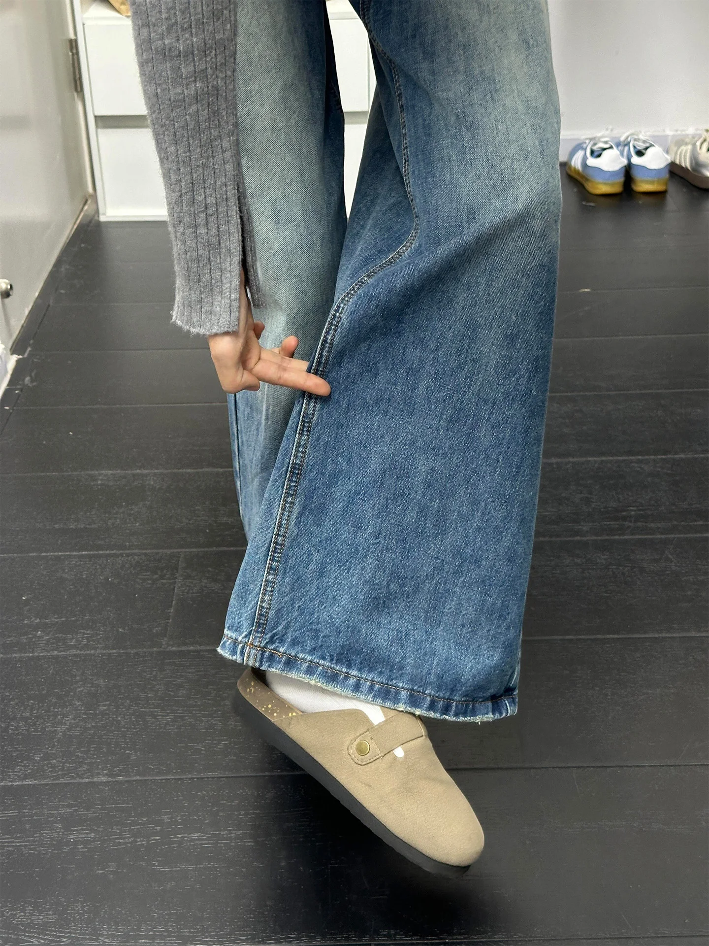 Retro bestickte Messer-Jeans mit weitem Bein für Damen, lockere Passform, Winter, neue Sle Pear Aped Body, hohe Taille, Denim-Hose