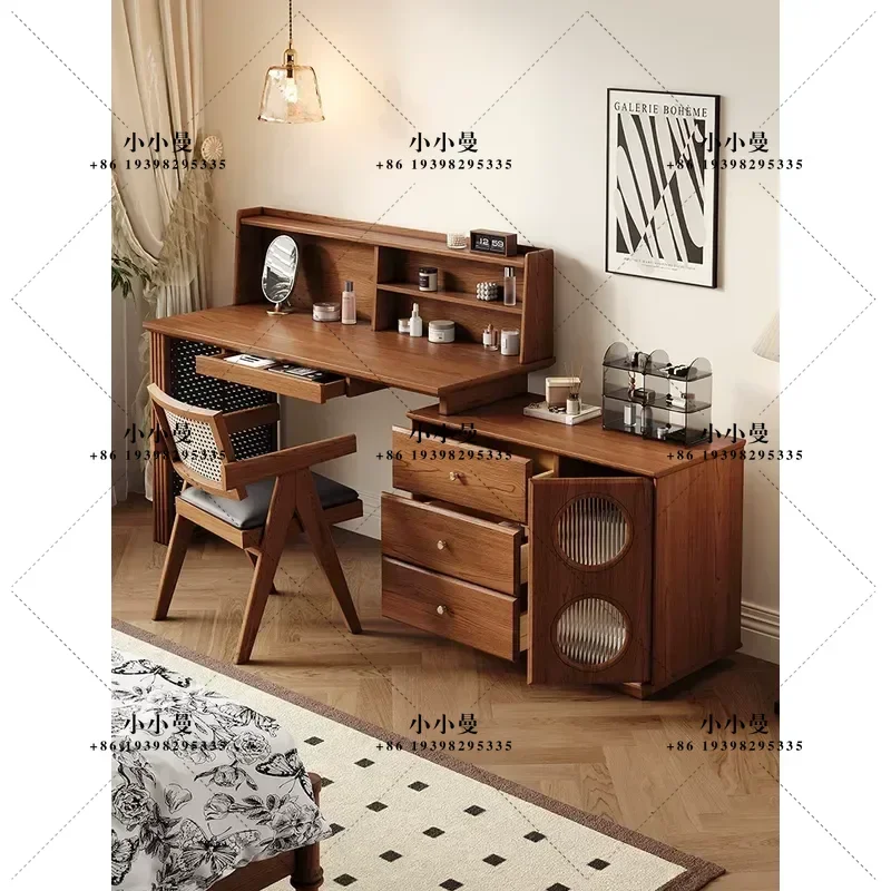 Solid Wood Chest Dresser with Retractable Cosmetic Table Integrated Bedroom Storage Cabinet Medium Antique Bedside Nightstand