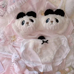 Sweet lovely plush underwear girl style wirefree triangle cup cartoon embroidery panda sheep bra set cotton women lingerie