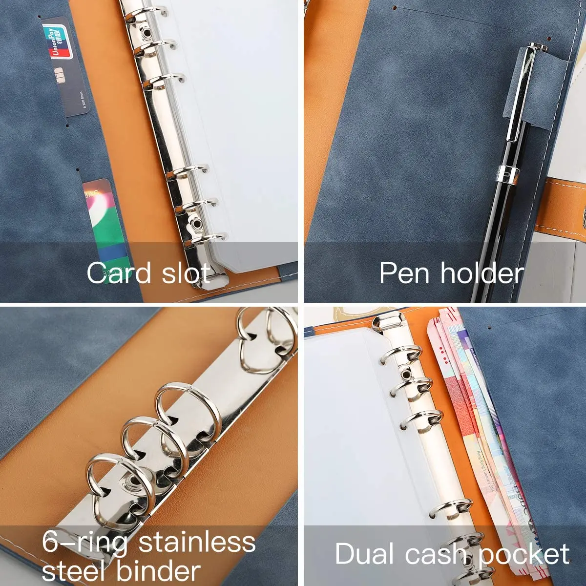 A6 PU Leather Binder Budget Planner Refillable 6 Round Rings Binder Cover Notebook Folder with 12 PCS Clear Plastic Envelopes