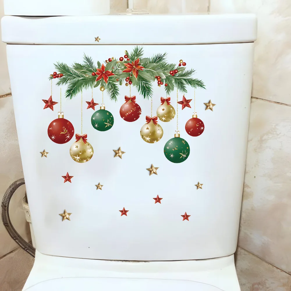 1pc New Toilet Stickers Christmas Green Plants Pattern Self-adhestive Decal Festive Home Decor for Kids Bathroom