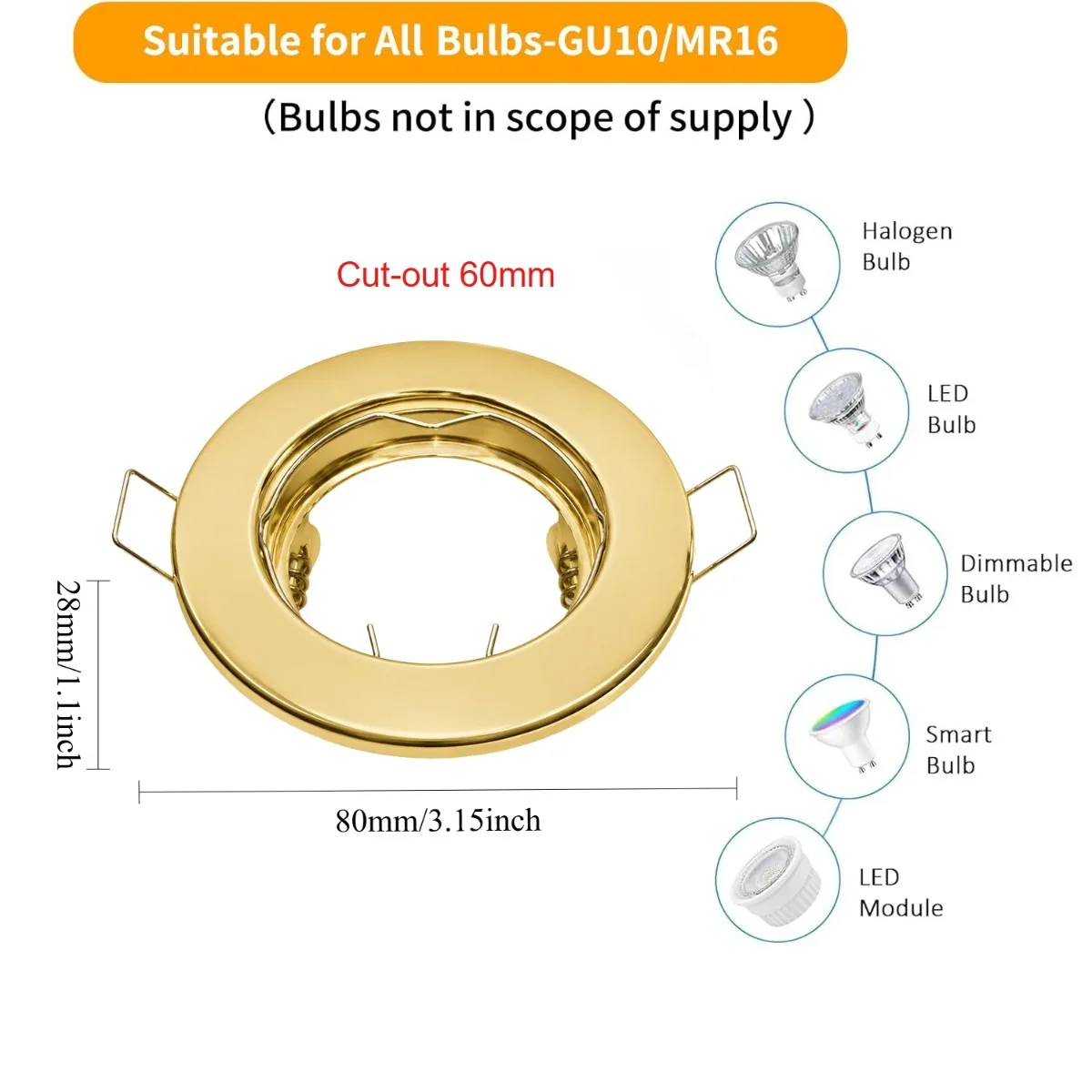JOYINLED Gold Recessed Spotlight Frame 1/10PCS GU10 MR16 LED Downlight Trim Ring Ceiling Light Holder Fitting Cut Out 60mm