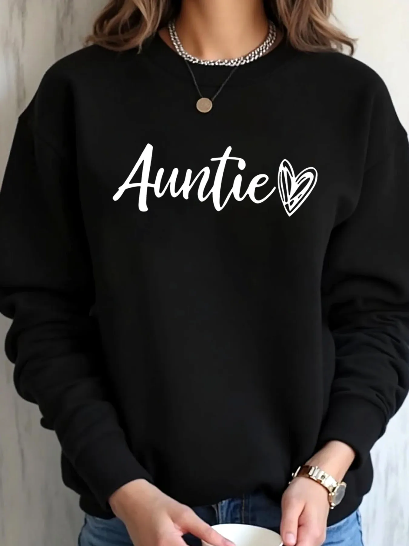 Felpa oversize da donna con stampa cuore zia per abbigliamento da esterno