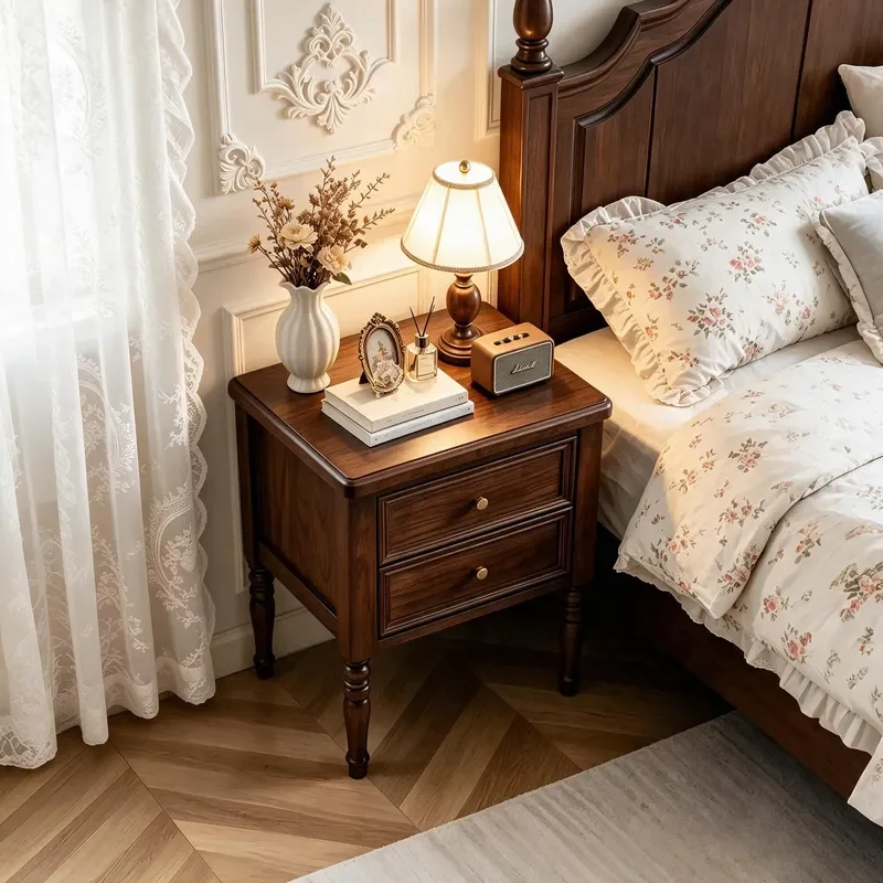 for French Solid Wood Simple Bedside Table Ash Wood Antique Home Bedroom Nightstand Storage Cabinet