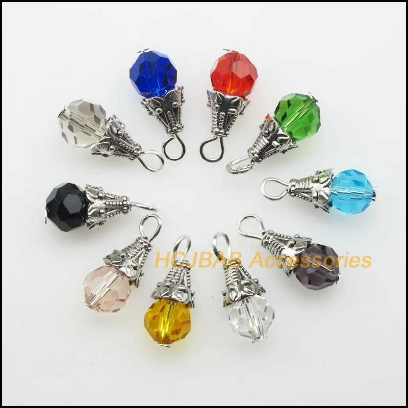 20 New Cone Flower Charms Mixed Crystal Round Faceted Beads Pendants Antique Silver Color 8x16mm