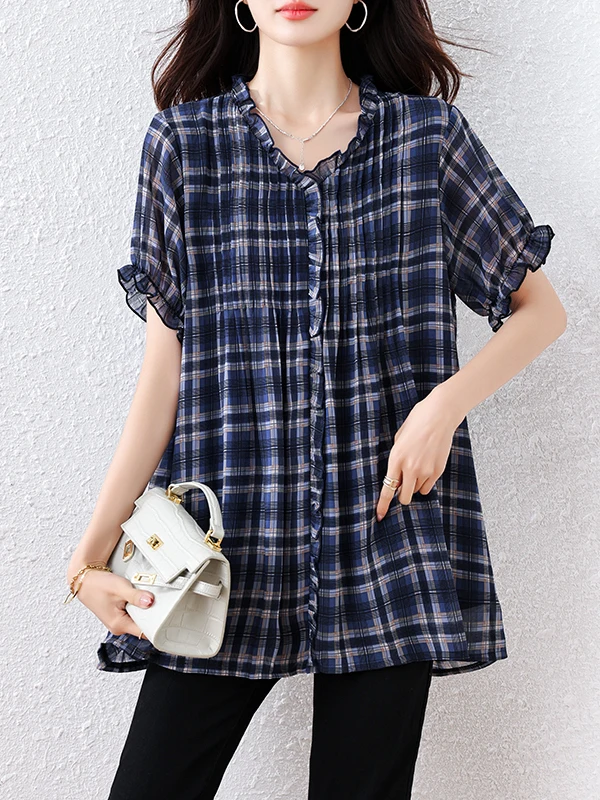 Faionable High-End Plaid Chiffon irt Donna Plus Size Estate Sciolto Codice grande Copertura della pancia di media lunghezza Dimagrante Alla moda irt