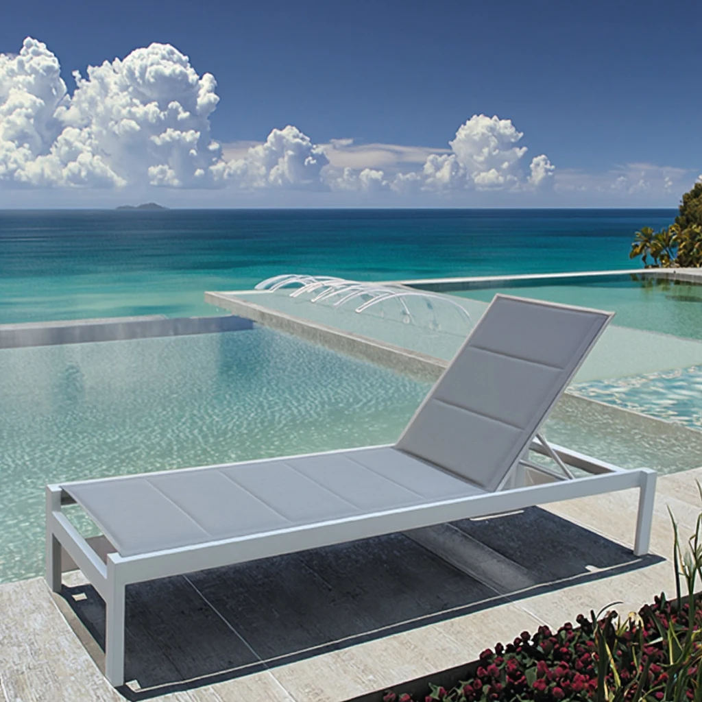 

Modern Style Aluminum Frame Beach Lounger Mesh Fabric Chaise Lounger Bed for Outdoor Patio Sunbathing in Hotels Parks Villas