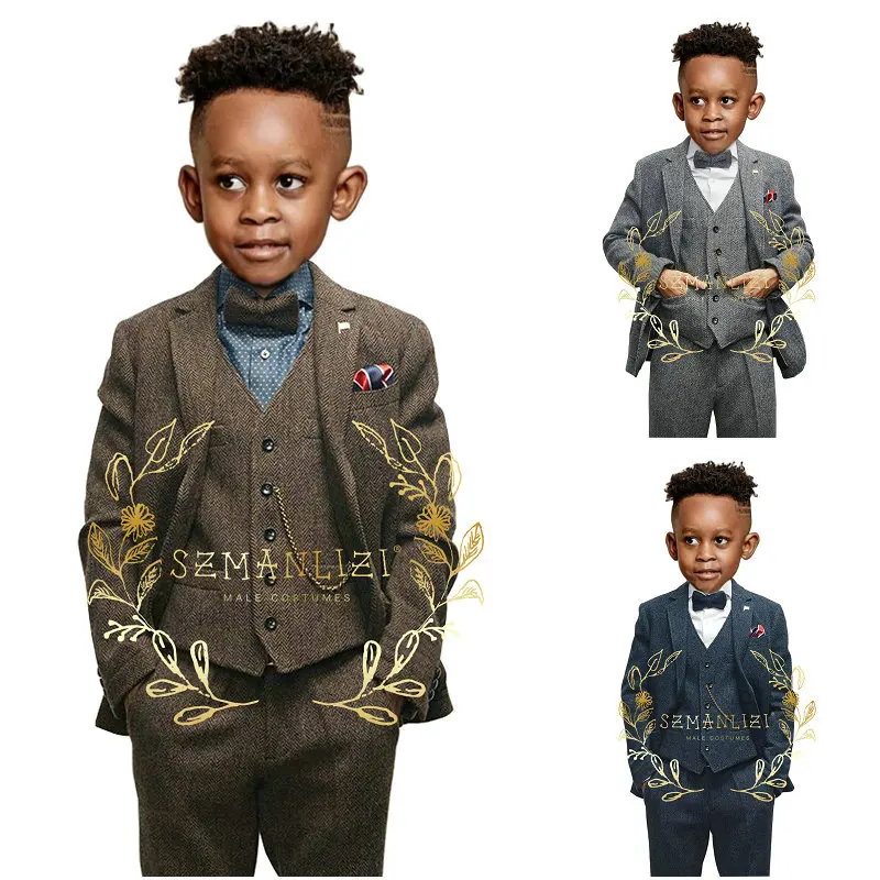 

Luxury Winter Winter Brown Tweed Boy Suits Herringbone Groom Tuxedos Boys Suits For Wedding Kids Party Dress Costume Homme