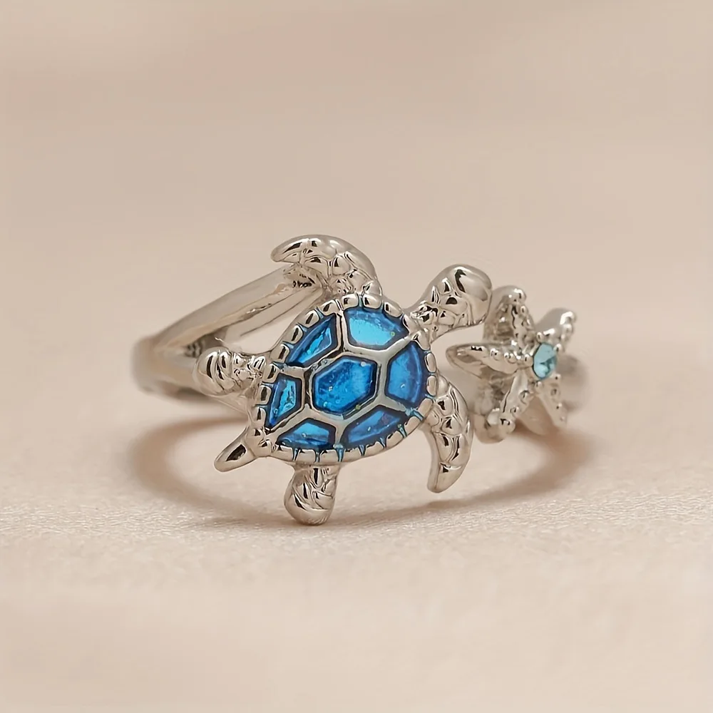 Eenvoudige Nieuwe Creatieve Schildpad Zeester Blauwe Oceaan Serie Open Ring Dames Schattige Feestsieraden Cadeau Accessoires