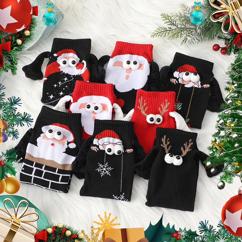 Autumn Winter Socks Women'S Mid-Tube Hand In Hand Christmas Comfort Couple Magnetic Pull Cute Christmas Kawai Magnet Tube Sock