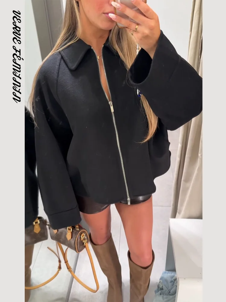 

Lapel Zipper Solid Woolen Overcoat Women Elegant Turn-down Collar Full Sleeve Loose Autumn Winter Bomber Coat New Lady Outerwear