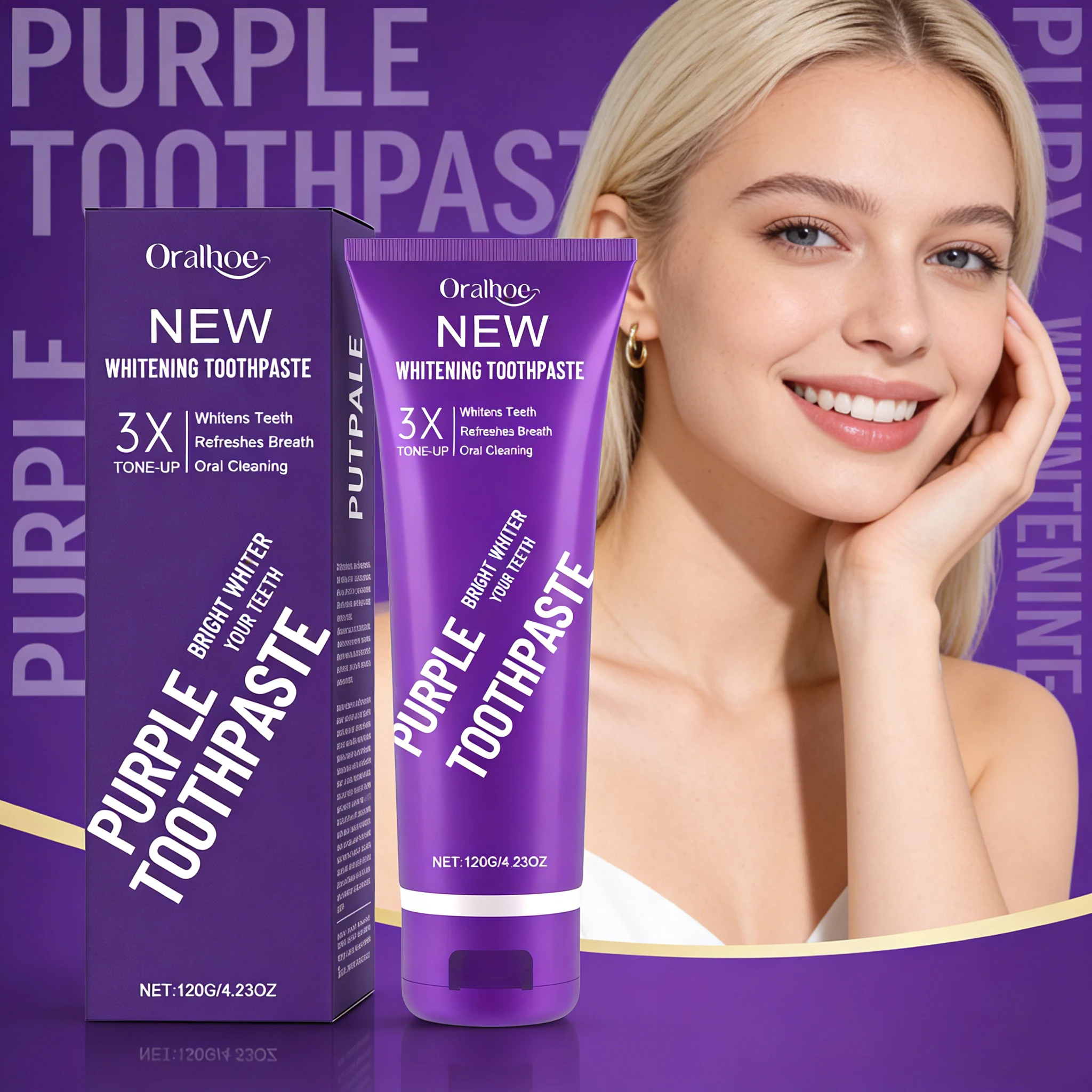 Pasta Dental Blanqueadora ORALHOE Morada, Refresca el Aliento, Mejora las Manchas de Placa, Mantiene la Higiene, Elimina el Amarillo de los Dientes, Blanquea los Dientes