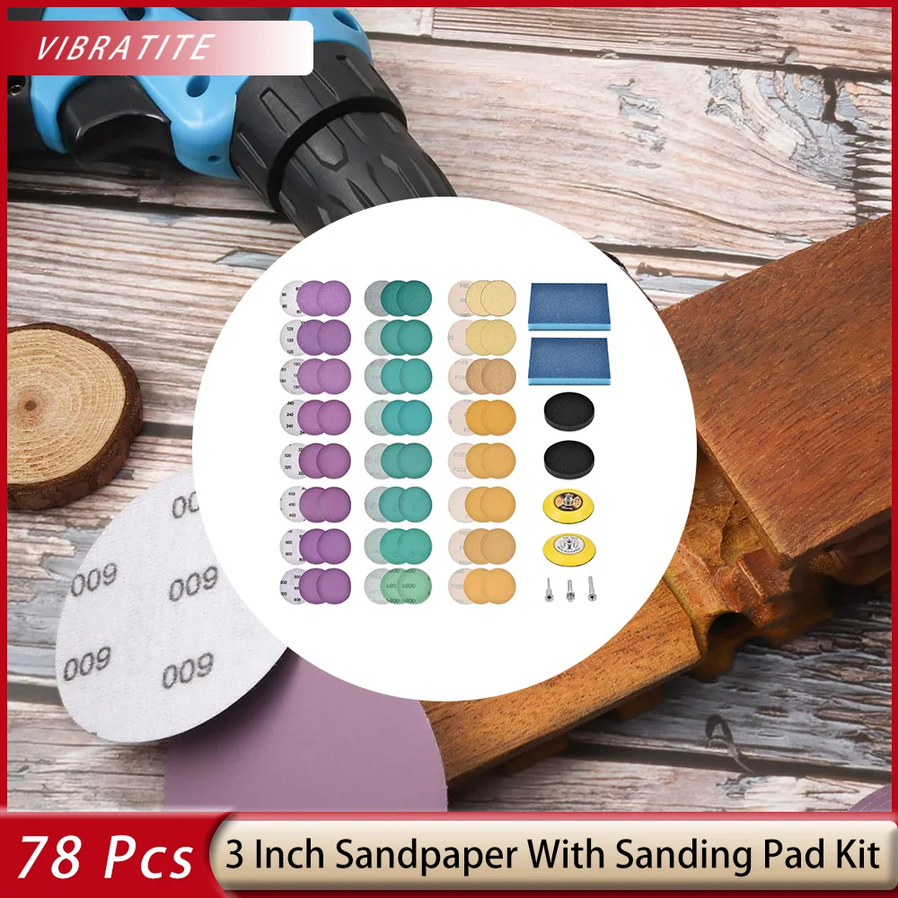 78PCS 3 Inch Sanding Discs Hook&Loop Backing Pad Drill Sanding Attachment Sander for Drill 80-800 Grits for Wood Metal Car