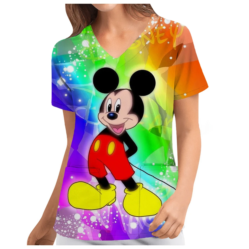 Ladies Care Nurse Uniform T-Shirt Casual Disney Mickey Mouse Printed Pocket Loose Caring Workwear Hospital Nursed Blouse Spa