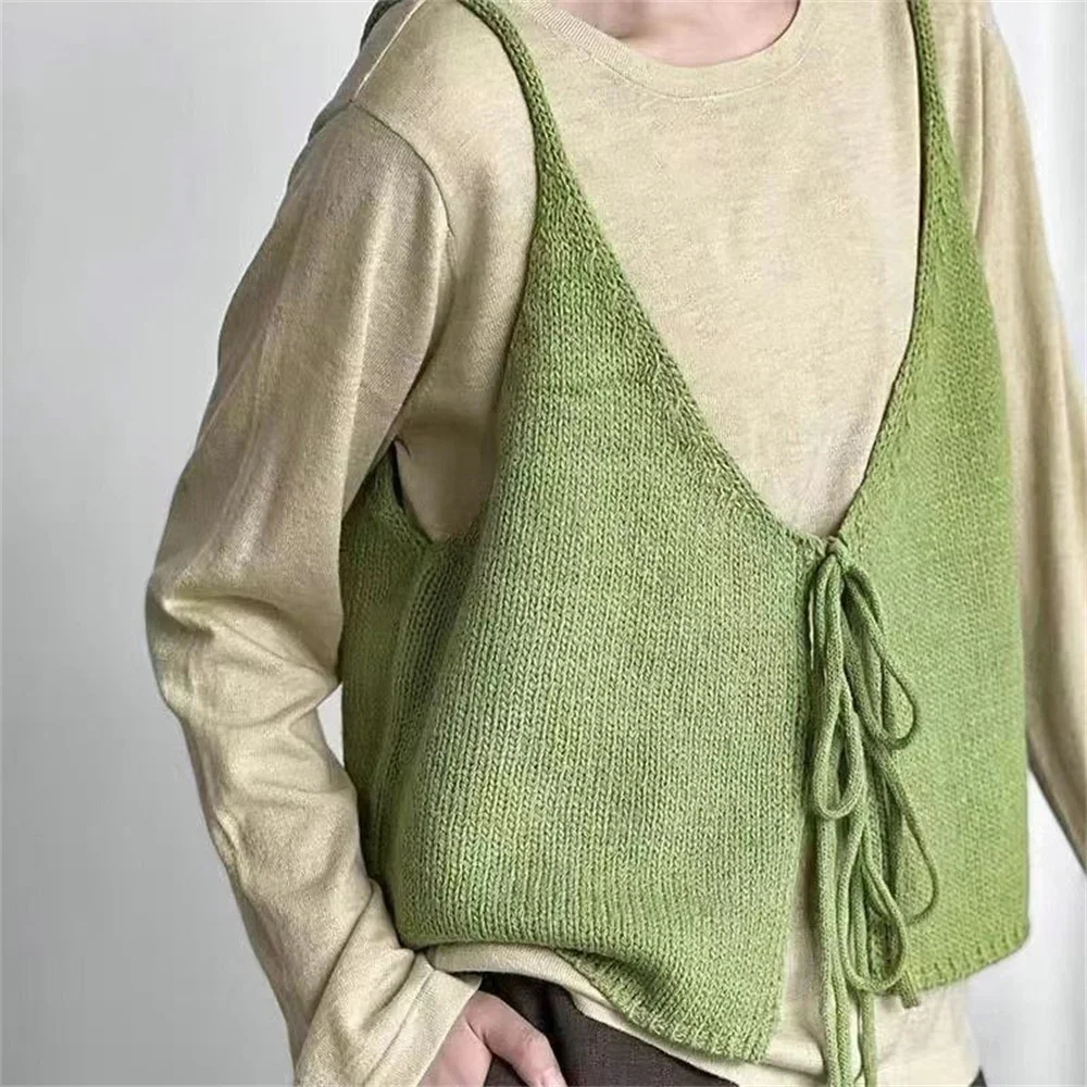 Chaleco de Punto Reversible con Lazo, Rojo, Beige, Amarillo, Gris, Negro, Sin Mangas, Cárdigan de Punto, Primavera Otoño, Cuello en V, Top Básico de Moda