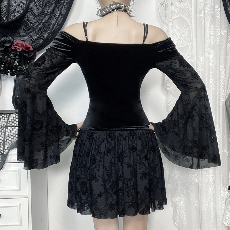 Sexy Goth Black Lace Flocking Off-Shoulder Flared Sleeve Party Dresses Y2K Vintage Velvet Patchwork A-Line Mini Dress Women