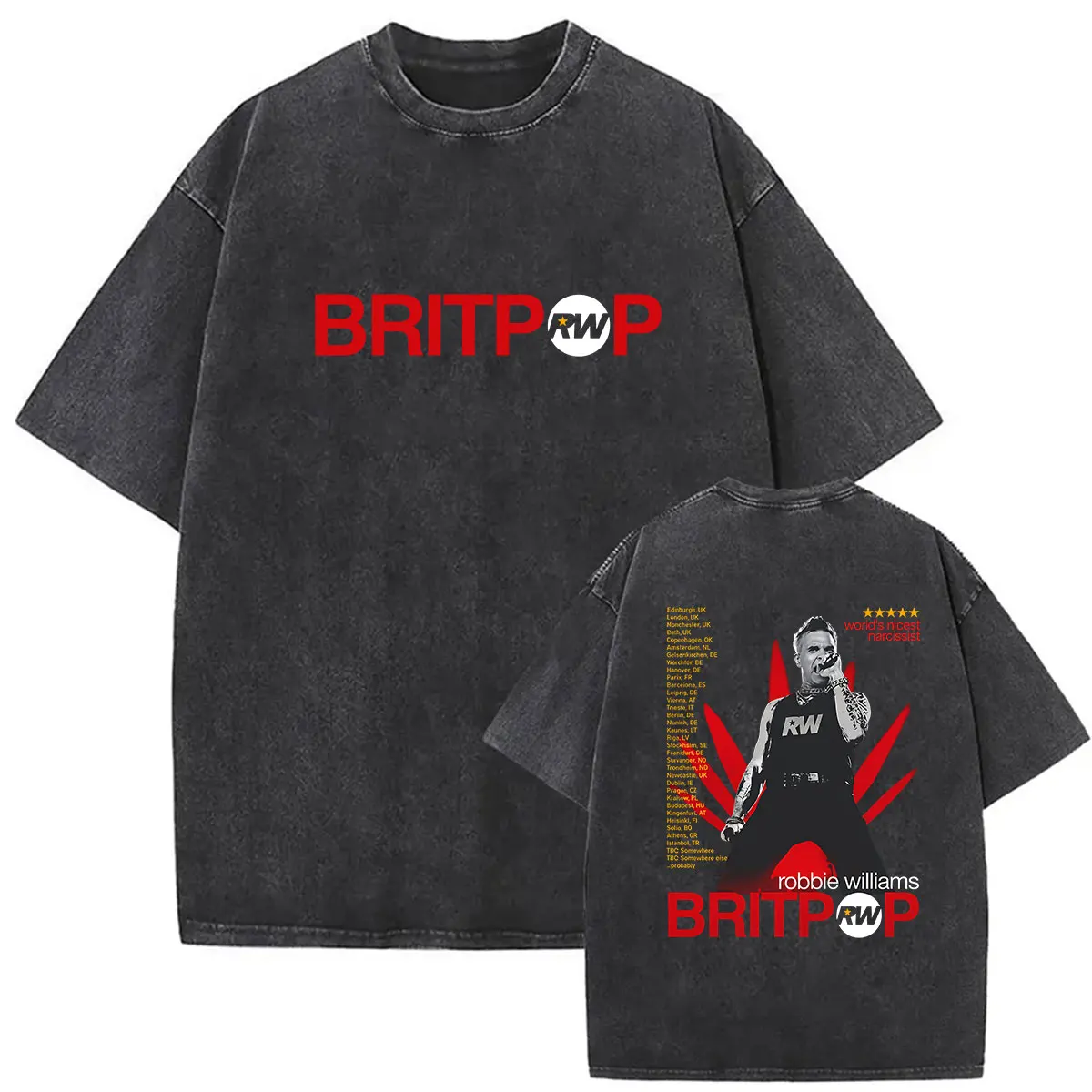Rapper Robbie Williams BRITPOP Tour 2026 Vintage Washed T Shirt Men's Hip Hop Gothic Clothing T-shirts Punk Short Sleeve T-shirt