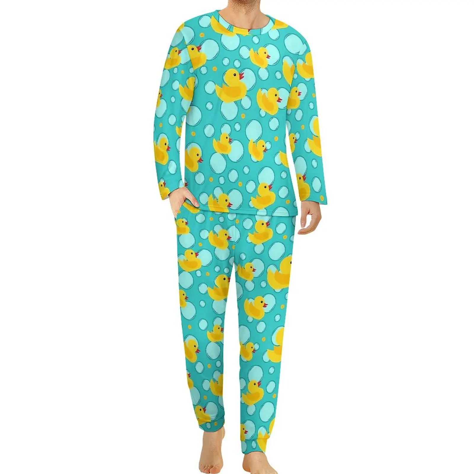 Cute Blue Yellow Rubber Ducks Pajamas  Mens Long Sleeve Cute Pajamas Set 2 Pieces Casual Autumn Graphic Sleepwear Birthday Gift