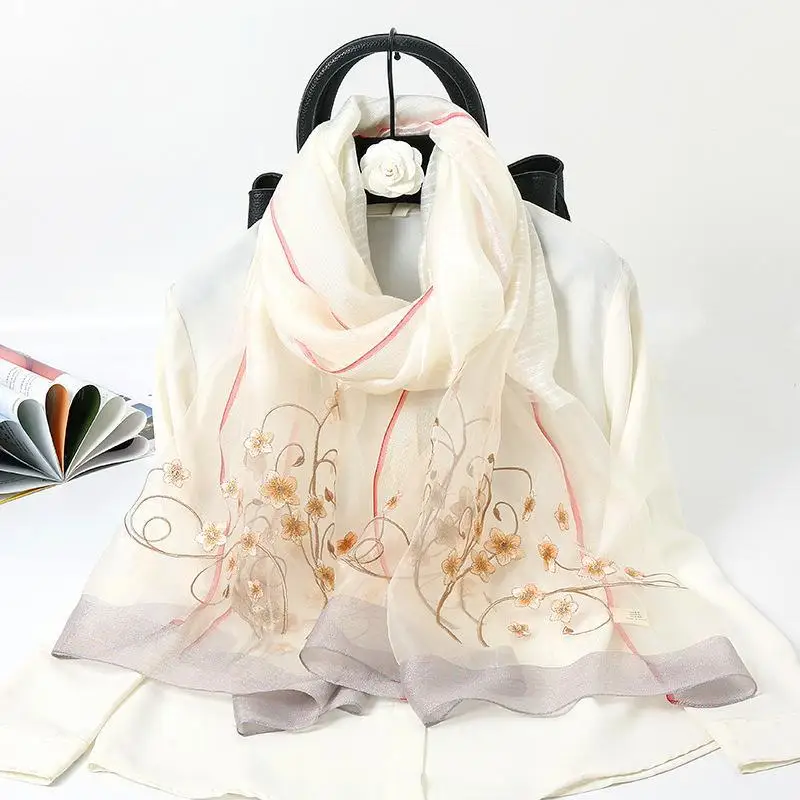 2023 Autumn New Mulberry Silk Scarf Embroidered Silk Embroidered Scarf Silk Wool Blend Scarf Women's Shawl