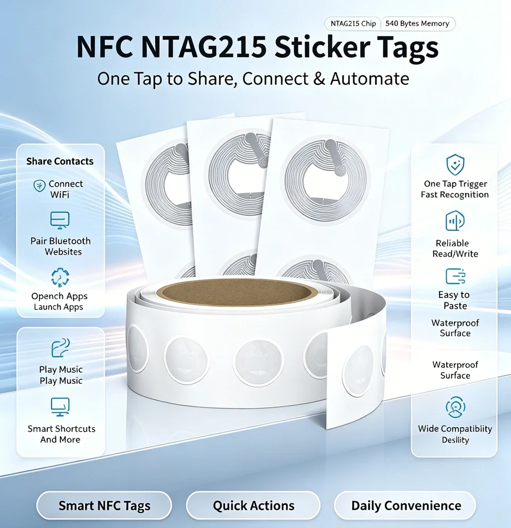 50-10PCS NTAG215 NFC Sticker Tags 504 Byte Blank Rewritable Adhesive Labels, Universal for All NFC Enabled Mobile Phones