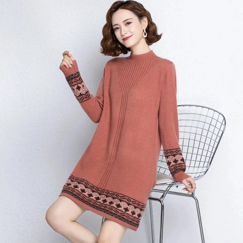 2024 Autumn/Winter New Half High Neck Knitted Sweater Dress Women\'s Loose Long Pullover Ethnic Style Retro Bottom Shirt Female