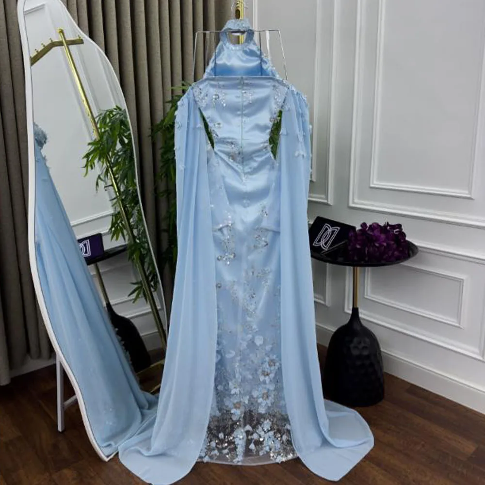 Vestidos de Noche de encaje Floral personalizados, vestidos de gala con manga tipo capa y cuello Halter, vestido de invitados de boda azul sirena con hombros descubiertos