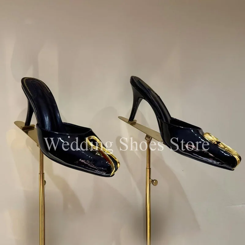 

Black Metallic Decoration Slippers Catwalk Show Round Toe High Heels Comfort Wedding Genuine Leather Summer Party Women Shoes