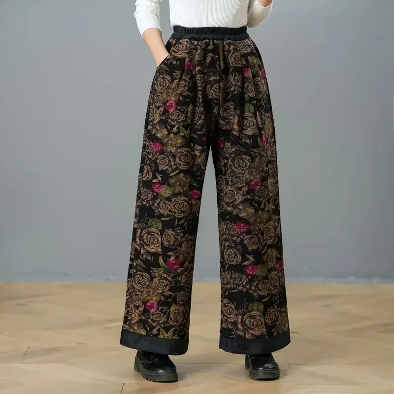 Middle Aged Mother's Cotton Linen Plush Wide Leg Pants Autumn And Winter Thickened Slimming Straight Trousers For Women